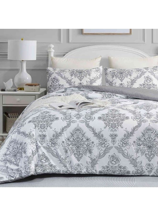 Faincy Paisley King Size Comforter Set, Grey Gray Classy Boho Damask Pattern Reversible Alternative Bedding Set - 104 x 90 in 3PCs Soft Microfiber Duvet Vintage Farmhouse Bed in a Bag for Women Men - Image 1