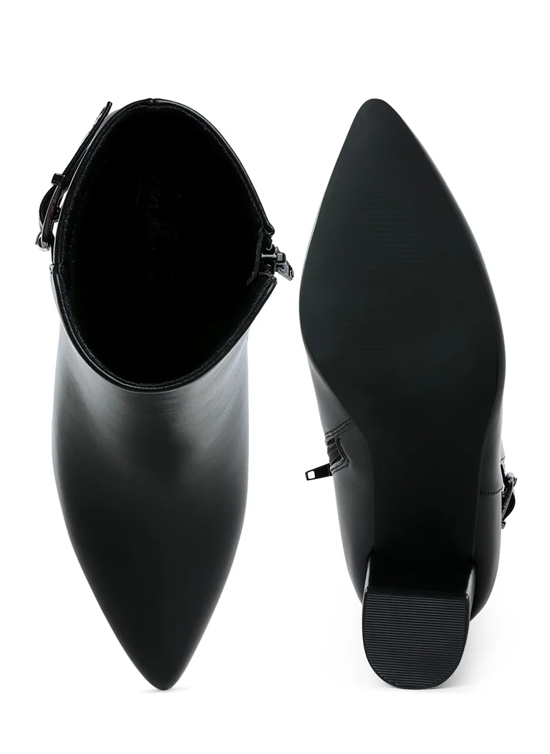 London Rag Belt Detail Block Heel Boots in Black