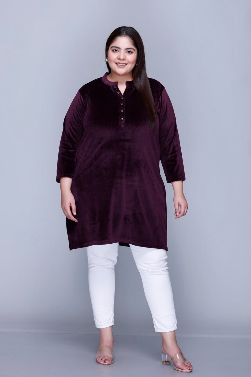 In Love Women's Plus Size Velvet Kurti - Warm Full Sleeve Solid Color Winter Wear, SSSF6106_XXL Wine - Image 2