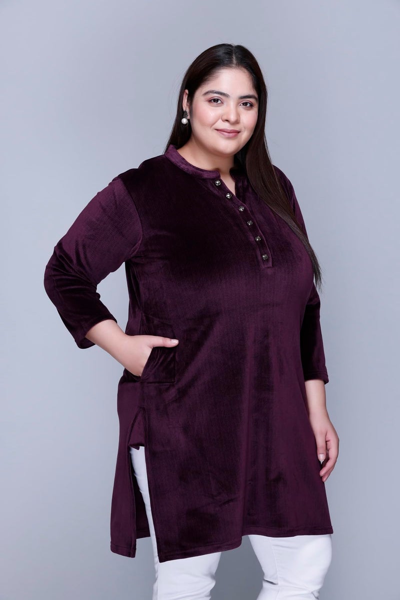 In Love Women's Plus Size Velvet Kurti - Warm Full Sleeve Solid Color Winter Wear, SSSF6106_XXL Wine - Image 5