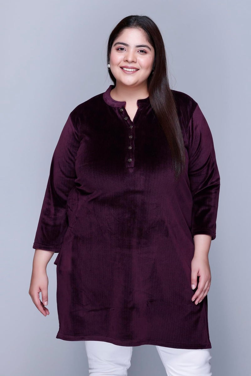 In Love Women's Plus Size Velvet Kurti - Warm Full Sleeve Solid Color Winter Wear, SSSF6106_XXL Wine - Image 3