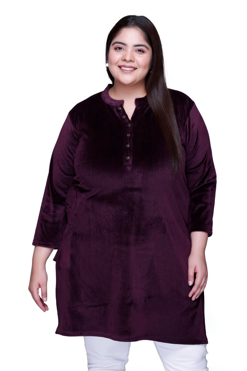 In Love Women's Plus Size Velvet Kurti - Warm Full Sleeve Solid Color Winter Wear, SSSF6106_XXL Wine - Image 1