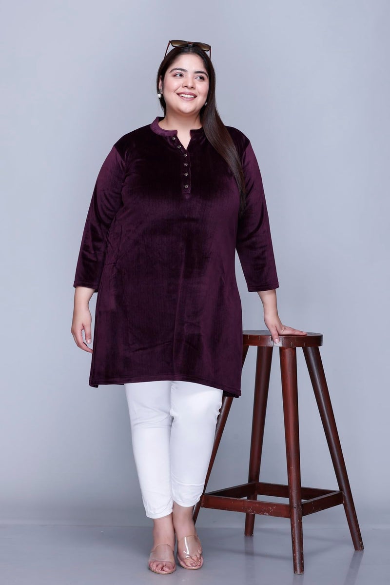 In Love Women's Plus Size Velvet Kurti - Warm Full Sleeve Solid Color Winter Wear, SSSF6106_XXL Wine - Image 4