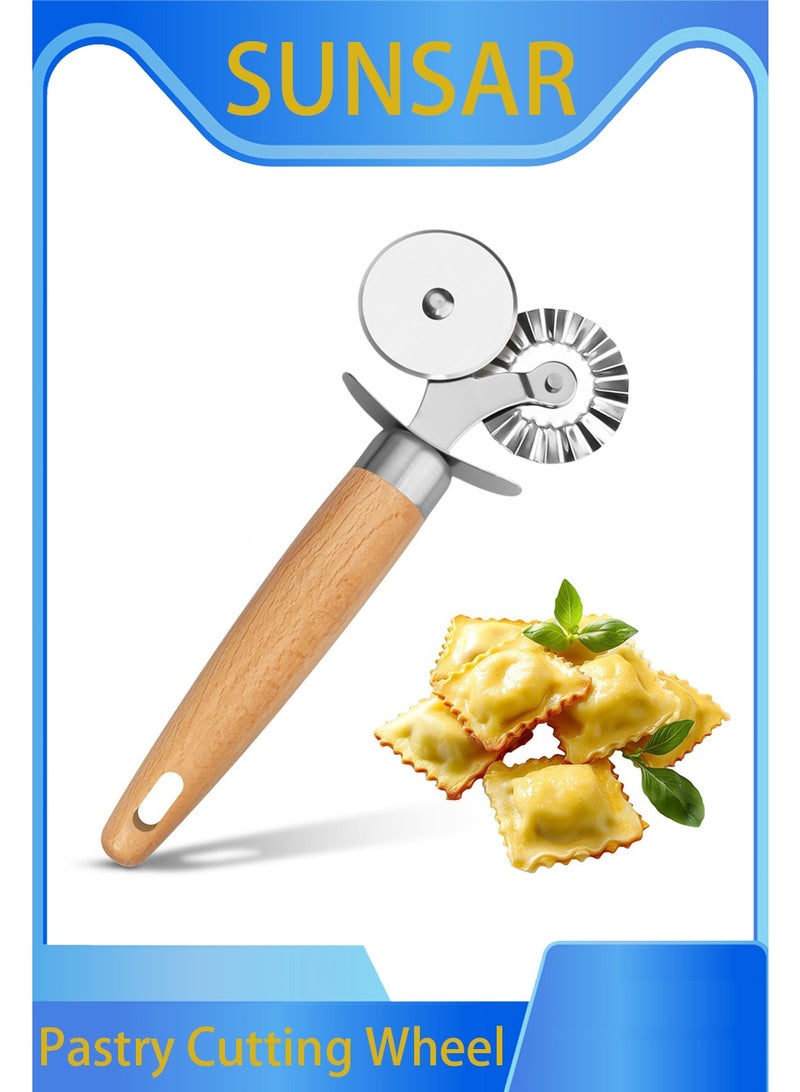 SUNSAR Pastry Cutter Double Wheel - Exquisite Wooden Handle, Washable Pizza Cutter Wheel，for Pasta, Pizza, Ravioli, Cookie - Image 1