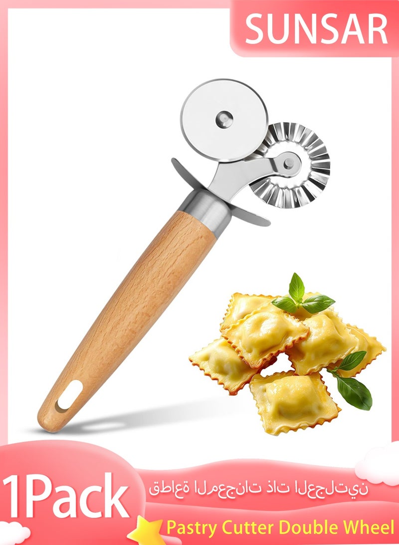 SUNSAR Pastry Cutter Double Wheel - Exquisite Wooden Handle, Washable Pizza Cutter Wheel，for Pasta, Pizza, Ravioli, Cookie - Image 1
