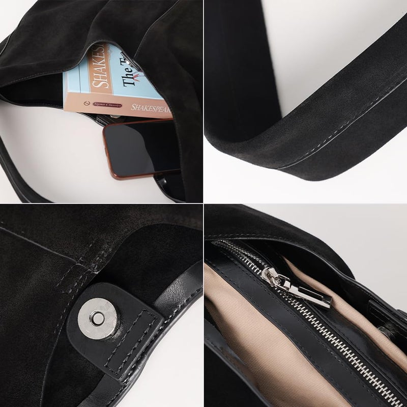 VAKAER Genuine Suede Leather Hobo Bag for Women, Slouchy Oversized Crescent Shoulder Tote Purse with Detachable Zip Pouch (Black) - Image 2