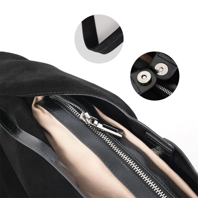 VAKAER Genuine Suede Leather Hobo Bag for Women, Slouchy Oversized Crescent Shoulder Tote Purse with Detachable Zip Pouch (Black) - Image 4