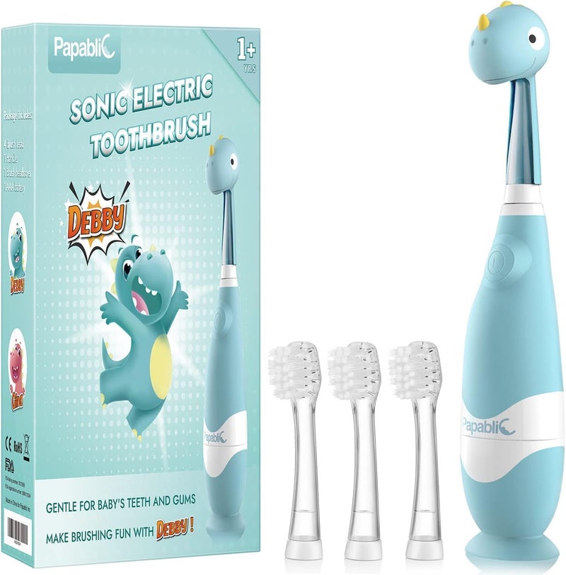 Papablic فرشاة أسنان كهربائية للأطفال الصغار سونيك للأطفال من عمر 1-3 سنوات، فرشاة أسنان كهربائية للأطفال مع غطاء ديناصور لطيف ومؤقت LED ذكي، 4 رؤوس فرشاة (ديبي) - Image 1