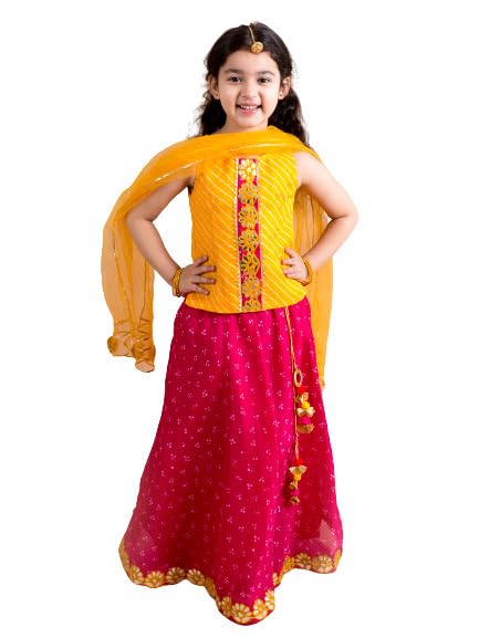 Pspeaches Girl's Magenta Yellow Embroidered Polyester Readymade Lehenga And Choli Set (Pink-4-5Y) - Image 1