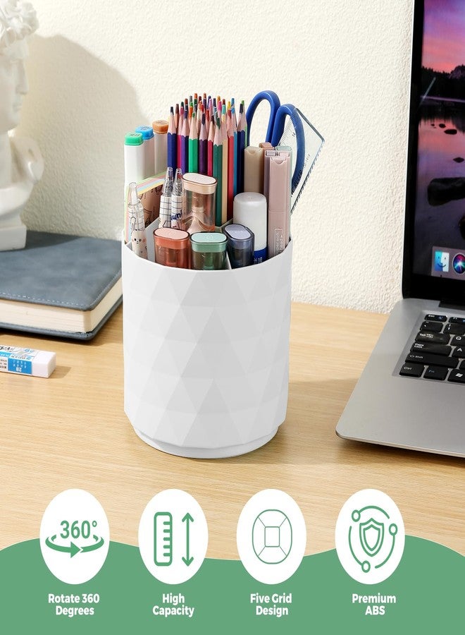 EDENMS Desk Pencil Pen Holder, 5 Slots 360-Degree Rotating Desk Organizer, Diamond Pattern Desktop Storage Stationery Supplies Organizer, Cute Desk Accessories for Office, School, Home, Art Supply (White) - Image 2