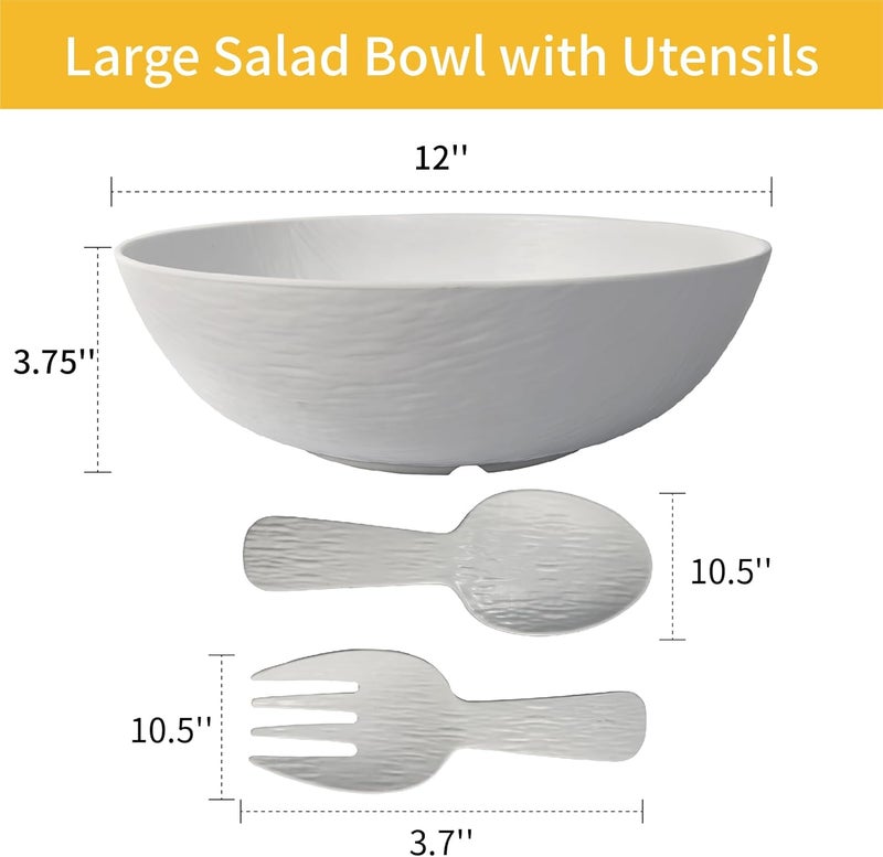 TP 12 Melamine Large Salad Bowl Set with Spoon and Fork Unbreakable Serving Mixing Bowl Set for Dinner  Service Indoor  Outdoor Use Dishwasher Safe White - Image 3
