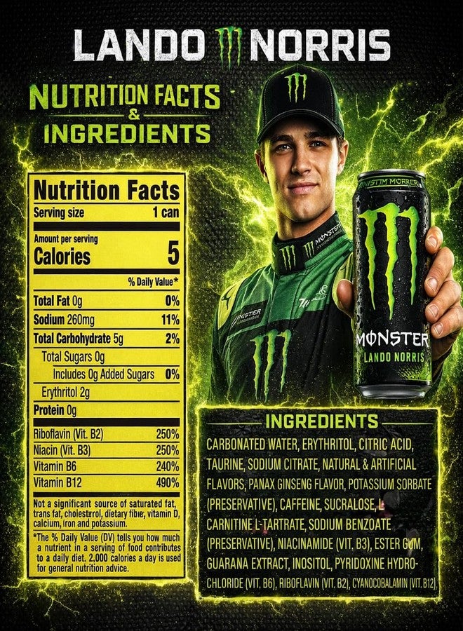 Monster Energy Lando Norris Edition Zero Sugar (Pack of 3) 500ml Each Can By COUGAR – Zero Sugar Energy Drink with Refreshing Taste, Carbonated Beverage with Caffeine & B Vitamins – Large Performance Drink for Workouts, Gaming & Long Days - (IMPORTED-UK) - Image 3