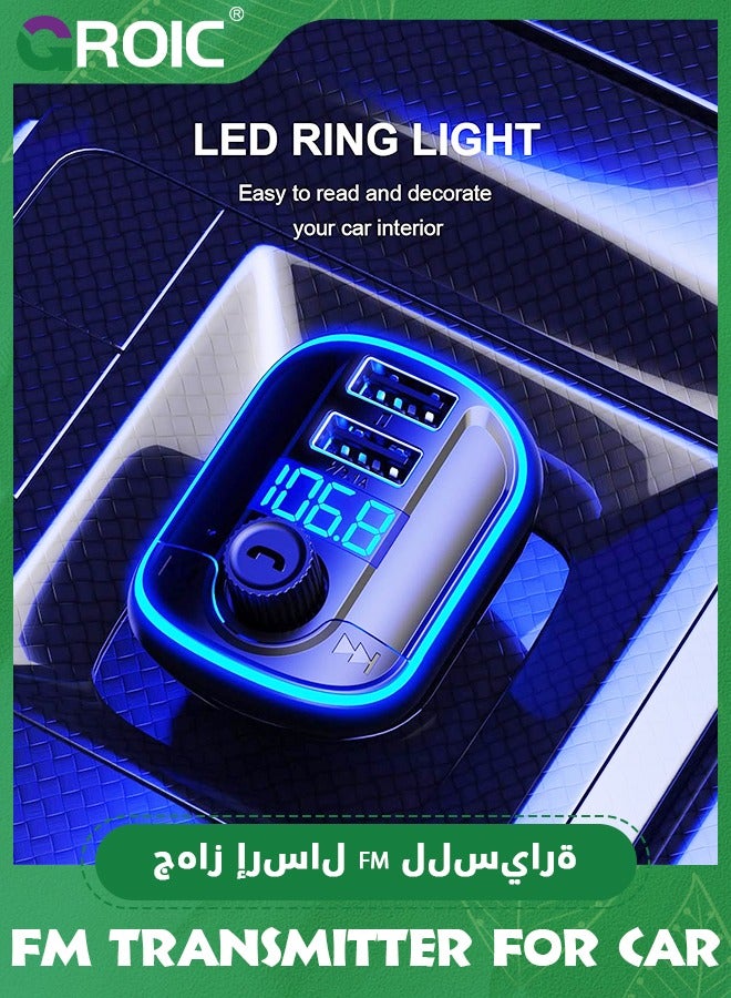 جرويك جهاز إرسال FM بلوتوث للسيارة، جهاز إرسال راديو محول بلوتوث للسيارة، شاحن سيارة USB مزدوج، مشغل موسيقى MP3، طقم سيارة بلوتوث 5.0 مع ضوء للتنفس، مكالمات بدون استخدام اليدين Siri Google Assistant - Image 1