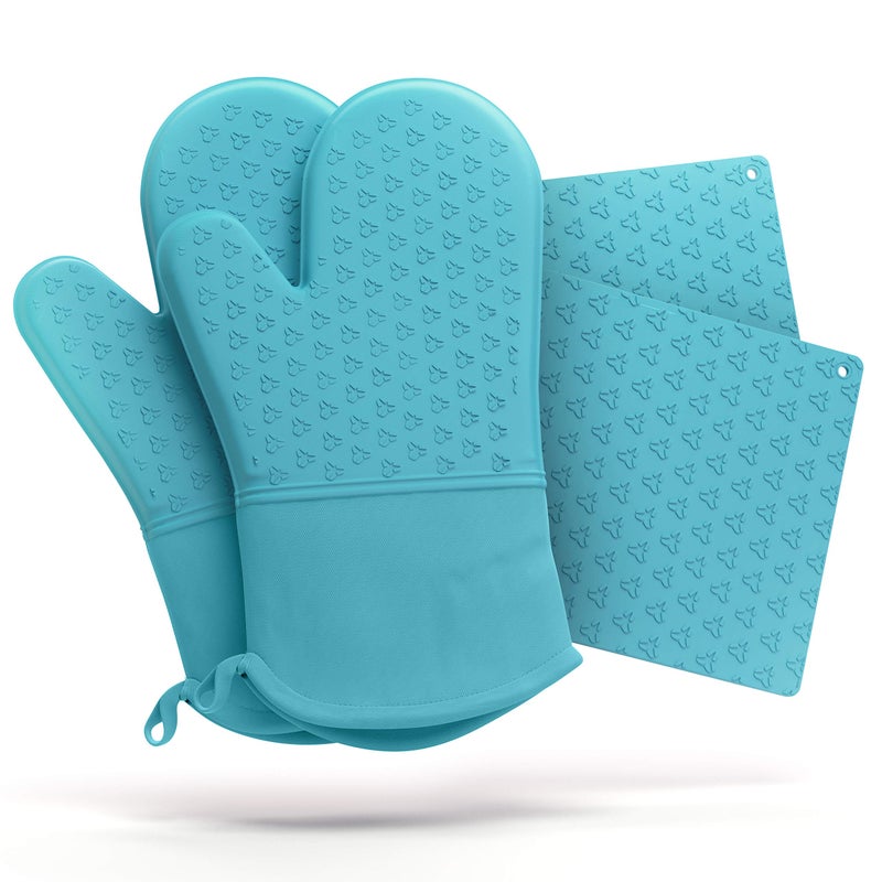 Cosy House Collection 4Piece Oven Mitt  Pot Holder Set  500F Heat Resistant Trivet Cooking Gloves  Flexible Durable  Comfortable LongLasting Silicone  Cooking Baking  Grilling Turquoise