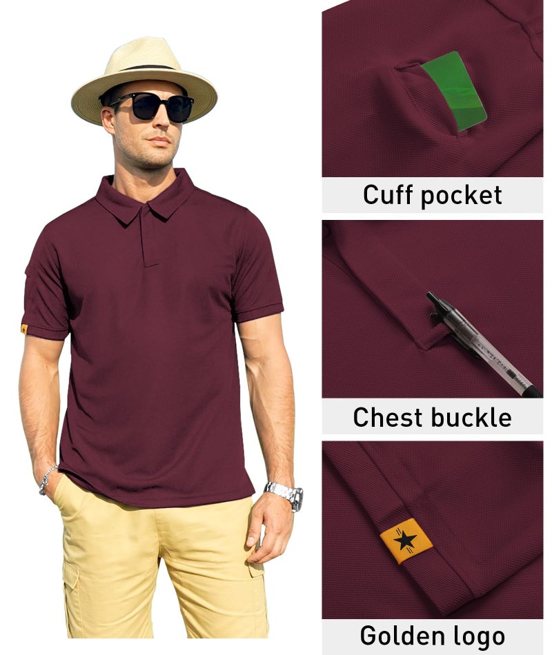 ZITY Mens Polo Shirt Short Sleeve Sports Tactical T-Shirt Athletic Golf Polos Daily Casual Stylish Collared Shirts for Men Wine Red Large - Image 2