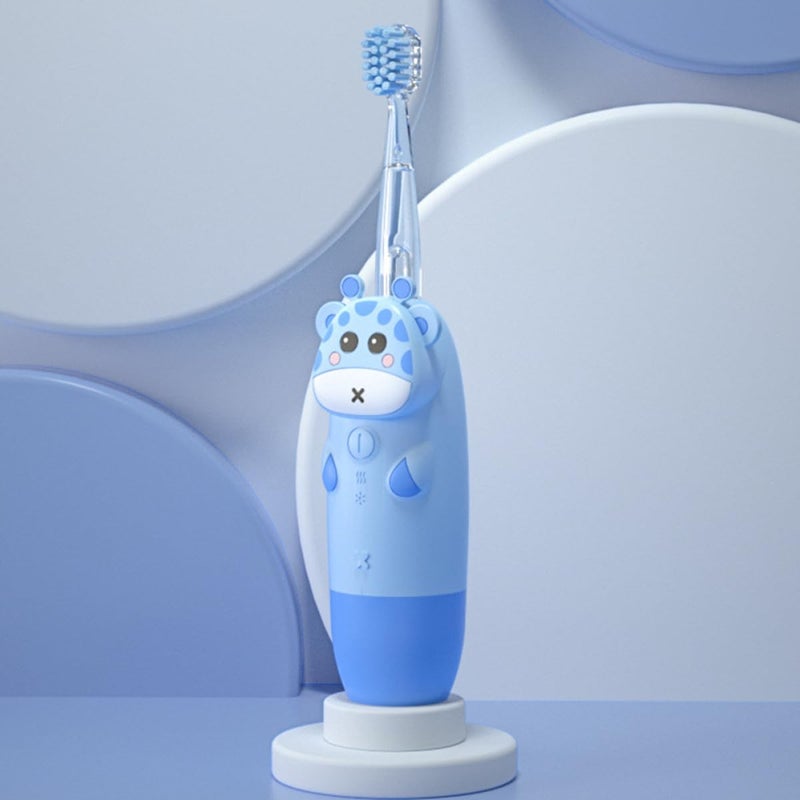 Sonic Vibrating Toothbrush Set With 2 Blue Animal Brush Heads And Straight Handle Design - Image 5