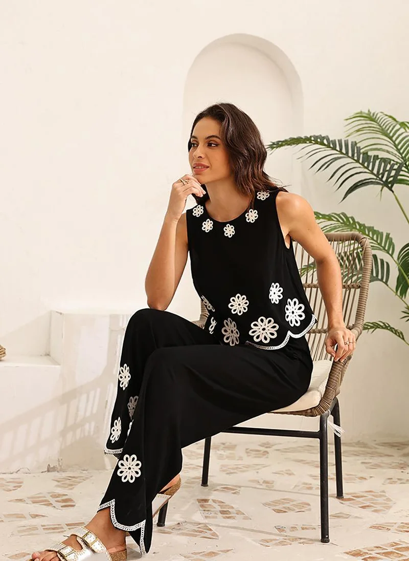 يونيكي Black Round Neck Sleeveless Co-rds Set
