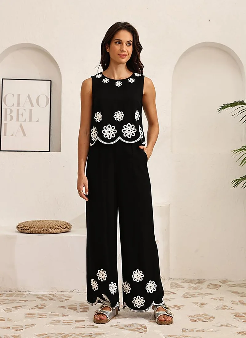 يونيكي Black Round Neck Sleeveless Co-rds Set