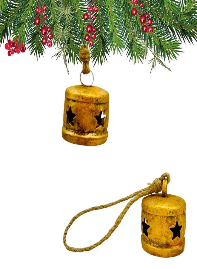 THOR INSTRUMENTS Shabby Chic Hanging Bells Cluster – Rustic Handmade Metal Bell Décor for Wall, Door, Garden, or Festive Decoration on Jute Rope Perfect for Holiday Decor Indoor (Star Drum Cut (2x2x2.5)) - Image 1