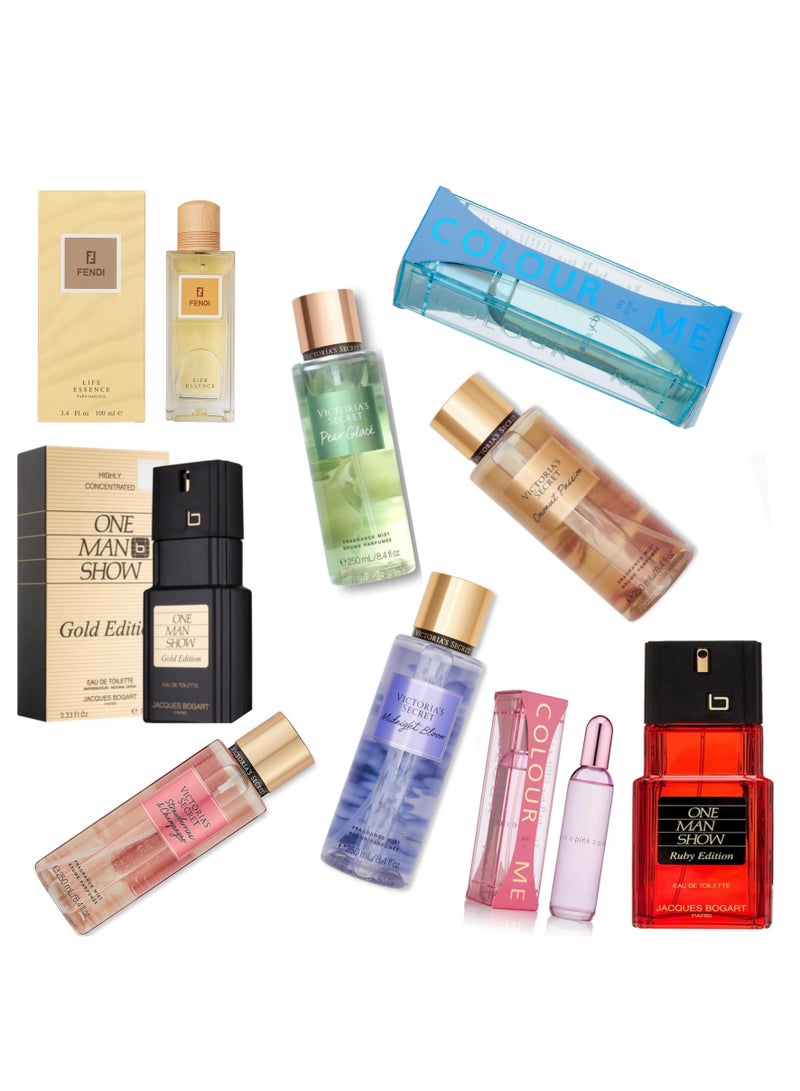 COLOUR ME Unisex Fragrance Gift Set Combo – Fendi Life Essence 100ml, One Man Show Gold & Ruby 100ml, Colour Me Sky Blue & Pink 100ml, Body Mists Midnight Bloom, Pear Glace, Strawberry & Champagne, Coconut Passion 250ml – Total 9pcs Set - Image 1