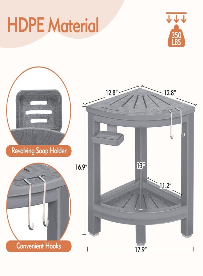 LOENIY 2-Tier Corner Shower Stool with Hooks & Soap Dish, HDPE Shower Bench for Shaving Legs, Wood-Like Shower Stool for Inside Shower with Non-Slip Foot Pads, Waterproof Shower Foot Rest (Grey) - Image 4