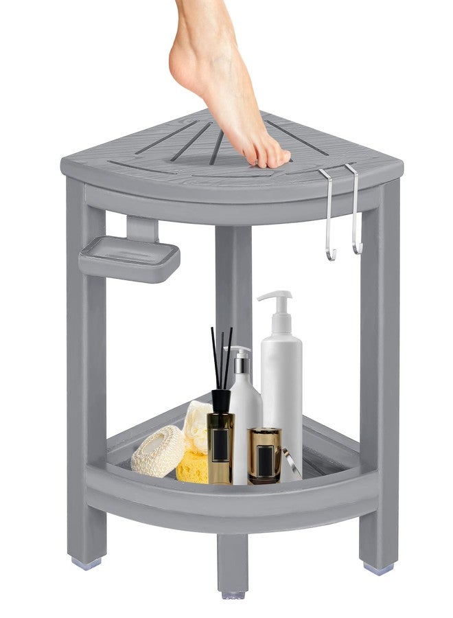 LOENIY 2-Tier Corner Shower Stool with Hooks & Soap Dish, HDPE Shower Bench for Shaving Legs, Wood-Like Shower Stool for Inside Shower with Non-Slip Foot Pads, Waterproof Shower Foot Rest (Grey) - Image 1