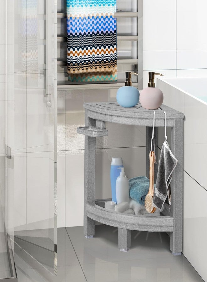 LOENIY 2-Tier Corner Shower Stool with Hooks & Soap Dish, HDPE Shower Bench for Shaving Legs, Wood-Like Shower Stool for Inside Shower with Non-Slip Foot Pads, Waterproof Shower Foot Rest (Grey) - Image 2