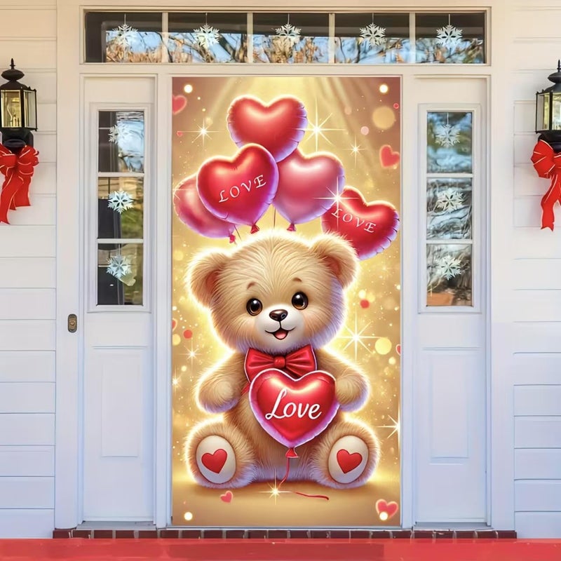 BlissYard Valentineâ€™s Day Door Cover 71x35 Inch Teddy Bear Door Banner with Heart Balloons Romantic Decoration for Front Door Indoor Outdoor Valentine Party Backdrop Love Theme Door Hanging Decor - Image 1