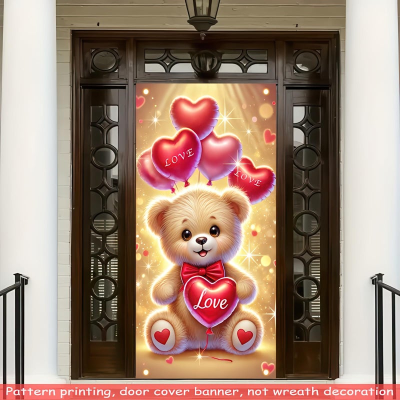 BlissYard Valentineâ€™s Day Door Cover 71x35 Inch Teddy Bear Door Banner with Heart Balloons Romantic Decoration for Front Door Indoor Outdoor Valentine Party Backdrop Love Theme Door Hanging Decor - Image 2