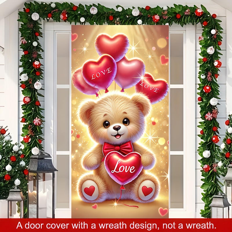BlissYard Valentineâ€™s Day Door Cover 71x35 Inch Teddy Bear Door Banner with Heart Balloons Romantic Decoration for Front Door Indoor Outdoor Valentine Party Backdrop Love Theme Door Hanging Decor - Image 3