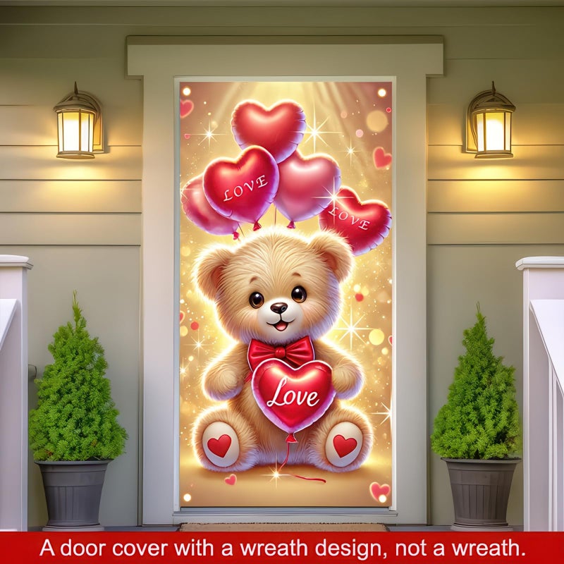 BlissYard Valentineâ€™s Day Door Cover 71x35 Inch Teddy Bear Door Banner with Heart Balloons Romantic Decoration for Front Door Indoor Outdoor Valentine Party Backdrop Love Theme Door Hanging Decor - Image 4