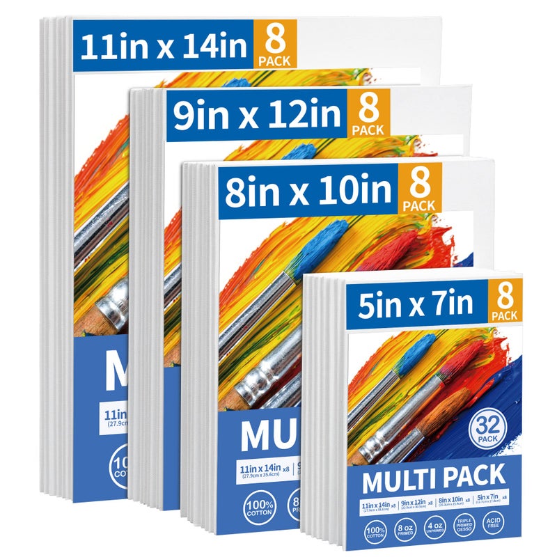 FIXSMITH FIXSMITH Canvas Boards for Painting Multi Pack 5x78x109x1211x14 8 of EachSet of 32 100 Cotton Primed Canvas Panels for Acrylic Oil Art Supplies for Kids Adults Beginners