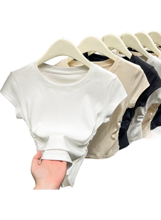 YUZHAOLIN Women'S T-Shirt, Summer Lightweight, Slimming Waist, Round Neck, Versatile Base Layer, Casual Short-Sleeve, Black Top - Image 3