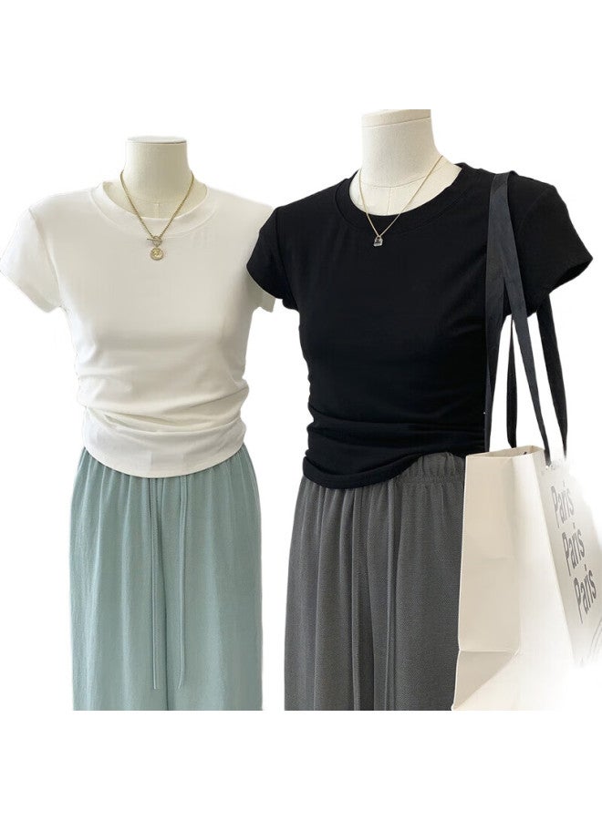 YUZHAOLIN Women'S T-Shirt, Summer Lightweight, Slimming Waist, Round Neck, Versatile Base Layer, Casual Short-Sleeve, Black Top - Image 1