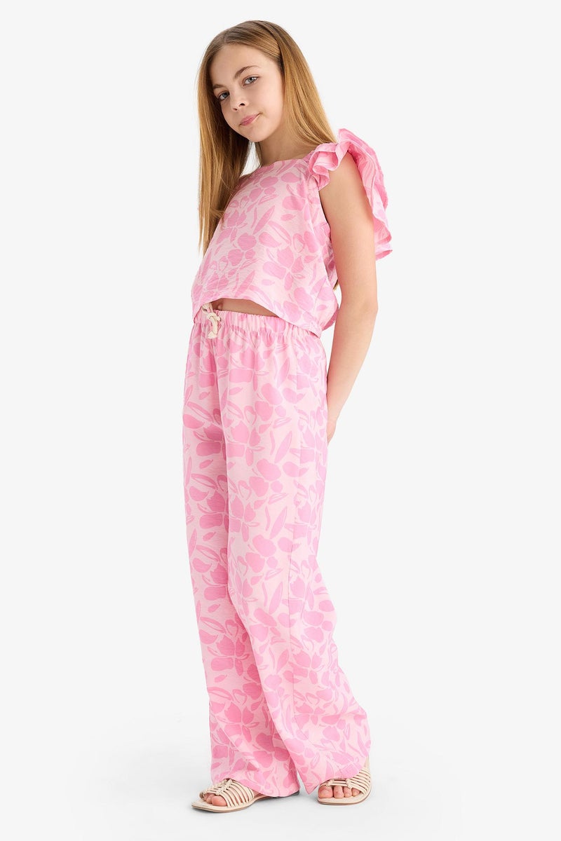 DeFacto Pink Girl Palazzo Wide Leg Floral Patterned Trousers Casual - Image 2