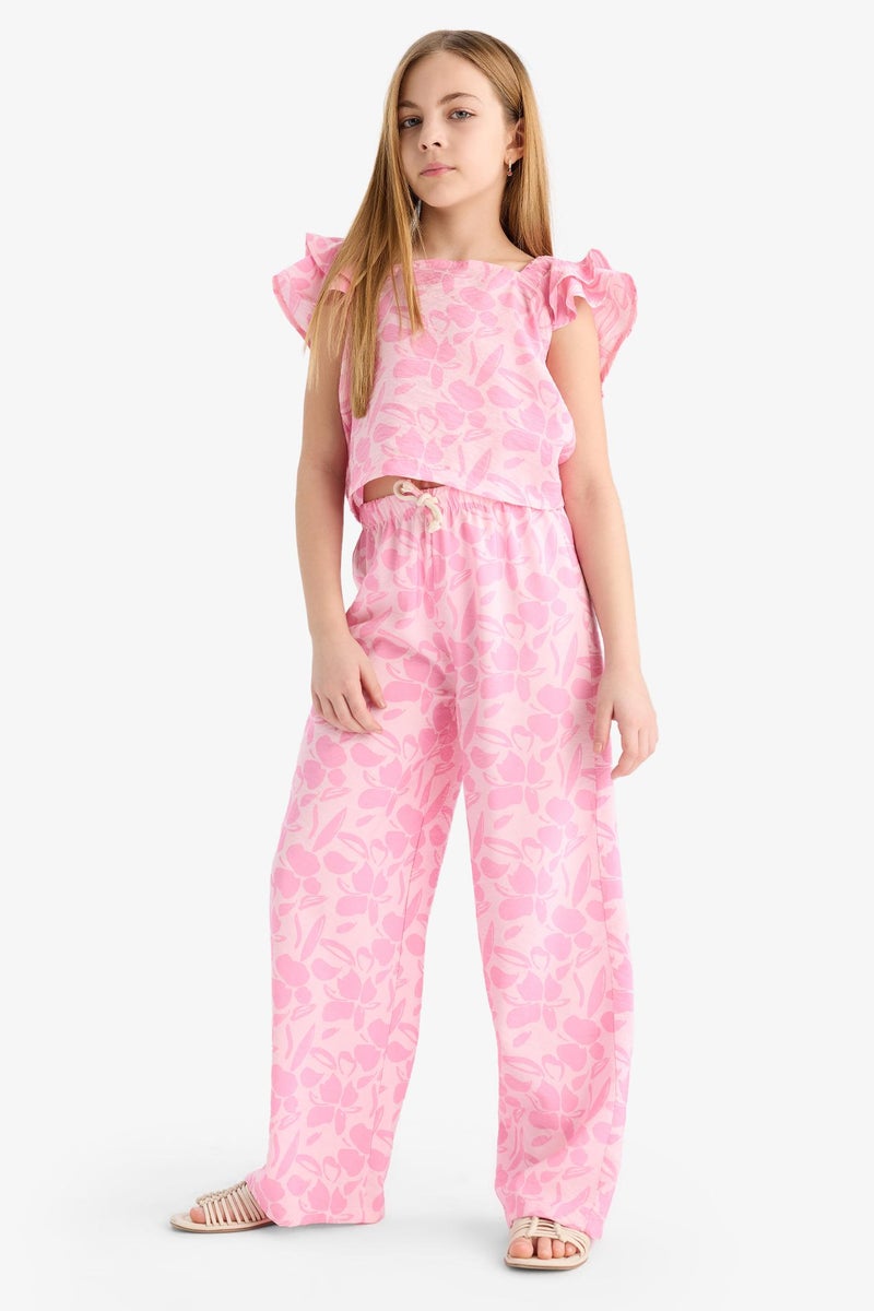 DeFacto Pink Girl Girl Palazzo Wide Leg Floral Patterned Trousers Casual - Image 3