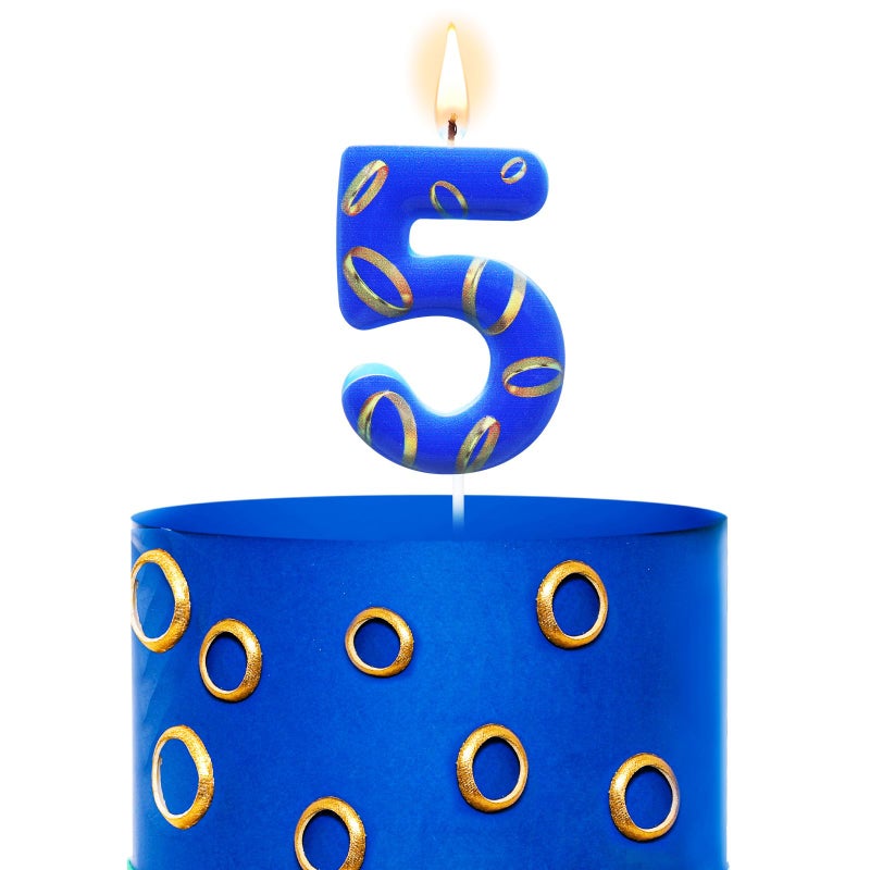 Conelist Number 5 Birthday Cake Candles Blue and Golden Rings Number Candle with Vibrant Designs for Boys Girls Theme Birthday Decorations Cake Toppers for Theme Parties