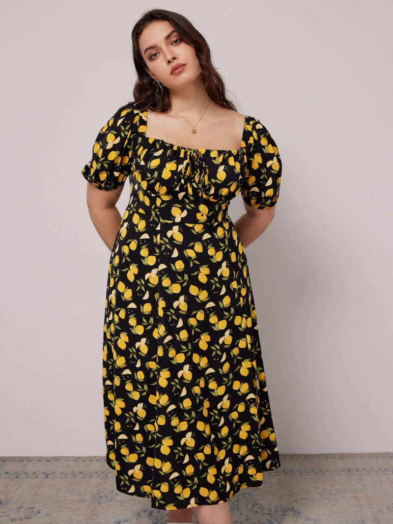 CIDER Plus Size Midi Dress Summer Fruit Patterned Square Neck Puff Sleeve Boho Vacation Casual Midi Dress for Curvy Women Black - Image 5
