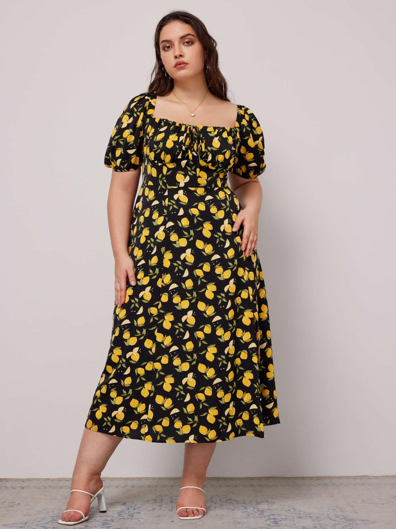 CIDER Plus Size Midi Dress Summer Fruit Patterned Square Neck Puff Sleeve Boho Vacation Casual Midi Dress for Curvy Women Black - Image 3