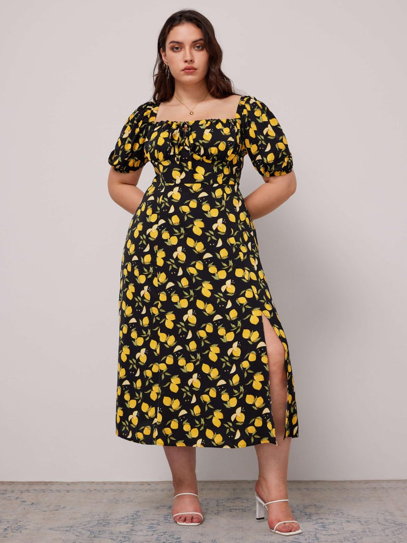 CIDER Plus Size Midi Dress Summer Fruit Patterned Square Neck Puff Sleeve Boho Vacation Casual Midi Dress for Curvy Women Black - Image 4