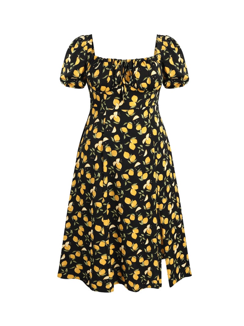 CIDER Plus Size Midi Dress Summer Fruit Patterned Square Neck Puff Sleeve Boho Vacation Casual Midi Dress for Curvy Women Black - Image 1
