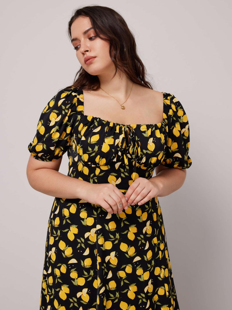 CIDER Plus Size Midi Dress Summer Fruit Patterned Square Neck Puff Sleeve Boho Vacation Casual Midi Dress for Curvy Women Black - Image 2