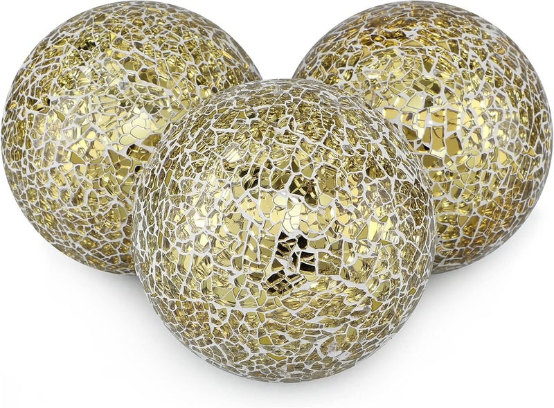 MDLUU 4" Decorative Orbs, Mosaic Sphere Balls, Centerpiece Balls for Bowls, Vases, Dining Table Decor, Pack of 3 (Gold) - Image 1