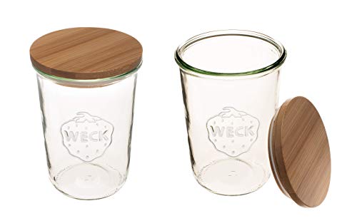 Weck Canning Jars 743-25.3 fl. oz Weck Mold Jars - Eco-Friendly Canning Jar - Storage for Food, Yogurt with Air Tight Seal and Lid - 3/4 Liter Tall Jars Set - Set of (2 Jars with Wooden Lids) - Image 1