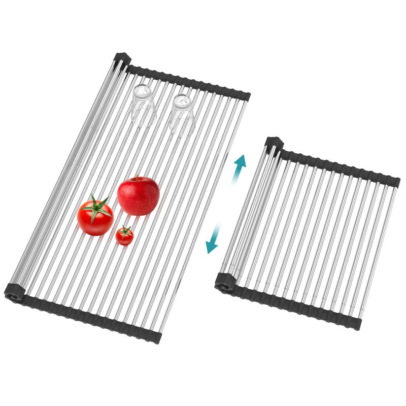 BBXTYLY Extra Large Expandable Roll Up Dish Drying RackOver The Sink Drying Rack Sink Cover Kitchen Sink Accessories Kitchen Rolling up Stainless Steel Drainer FoldableRollableBlack22817