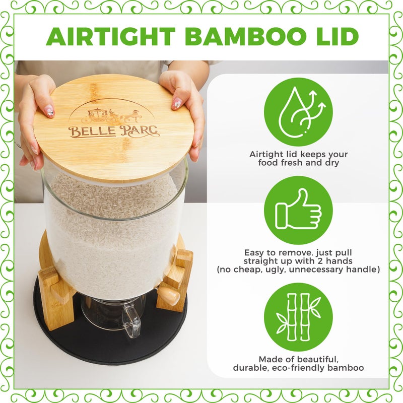 Belle Parc Glass Rice Dispenser 10 lbs, with Airtight Lid & Labels & Slider mat. Make your glass rice container Glass AND Bamboo rice container! Best 5L capacity grain dispenser and rice holder - Image 2