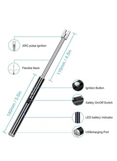Electric Lighter Candle Lighters USB Rechargeable Arc Lighter with Hanging Hook LED Battery Display with LED Lighting Long Lighters for Candle Grill BBQ Home Outdoor Silver