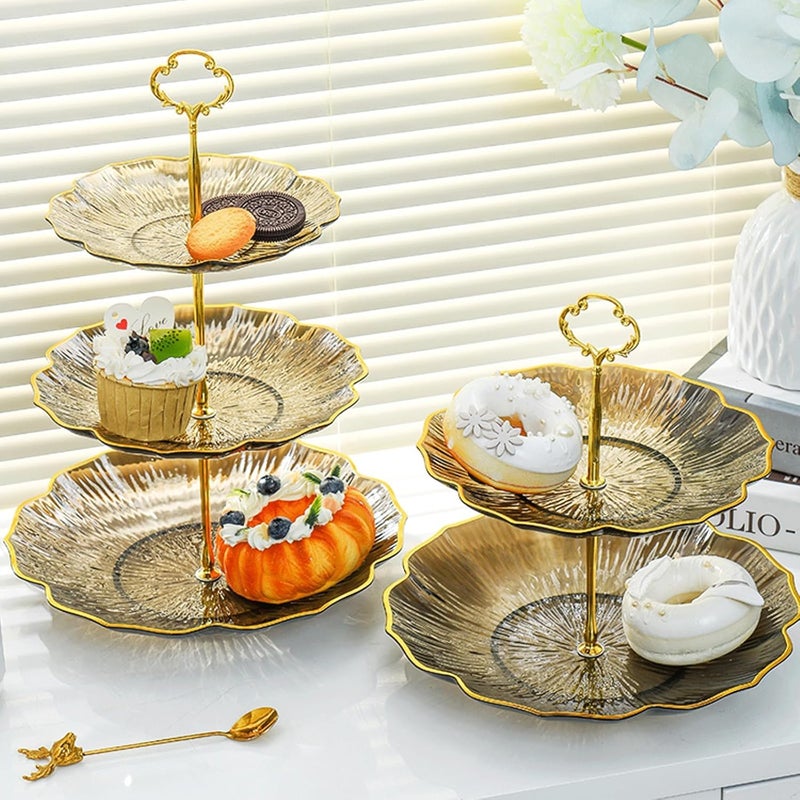 FASHION.HOME" 3-Tier Cake and Dessert Serving Tray, Luxury Clear Design, Elegant Gold Metal Stand, Perfect for Parties and Events, High Quality Product - Image 1