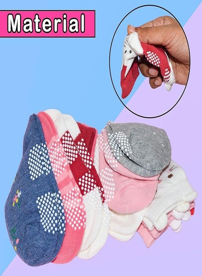 CUTEABLY جوارب قطنية لطيفة بطول الكاحل مانعة للانزلاق للبنات الصغيرات مع مقابض، جوارب منزلية مضادة للانزلاق، (تصاميم متنوعة/عشوائية) (2-3 سنوات) - Image 3