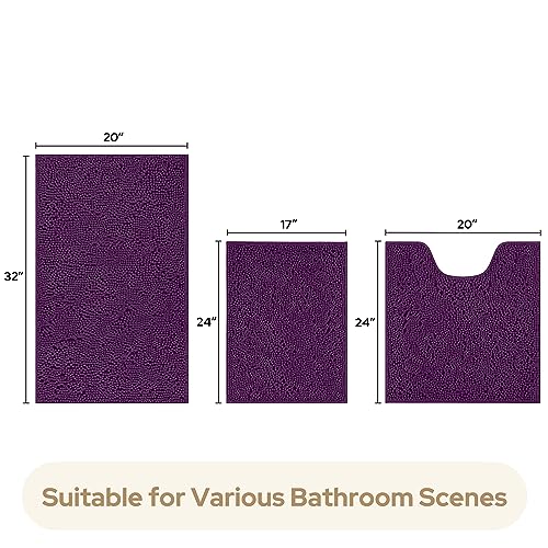 HOMEIDEAS 3 Pieces Bathroom Rugs, Ultra Soft Non Slip Absorbent Chenille Toilet Bath Mat Set (Purple) - Image 5